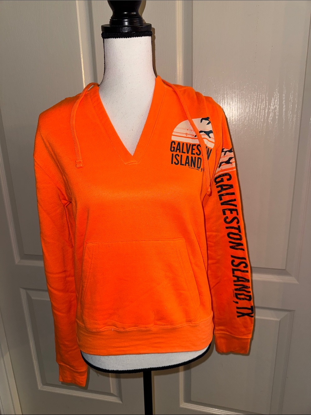 GALVESTON ISLAND - Orange V-Neck Hoodie Sweatshirt - Size Medium
